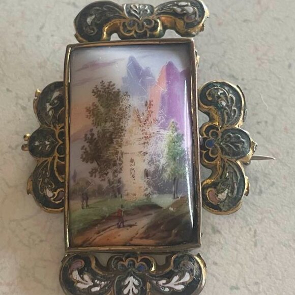 Victorian Hand Painted French Champleve Impressionist Porcelain Brooch c.1880 - Picture 7 of 12